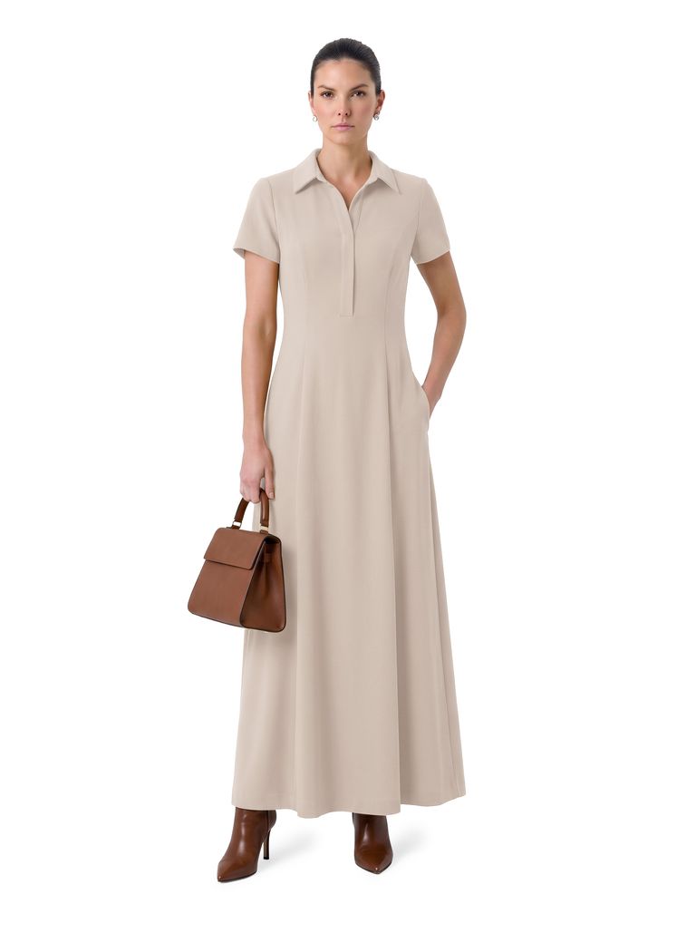 Soft Stone Short Sleeve Collared Heavy Stretch Crepe Dress