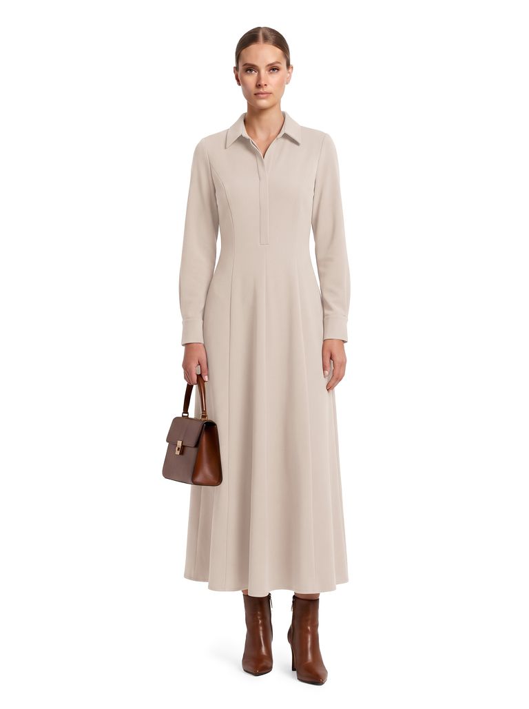Soft Stone Long Sleeve Collared Heavy Stretch Crepe Dress