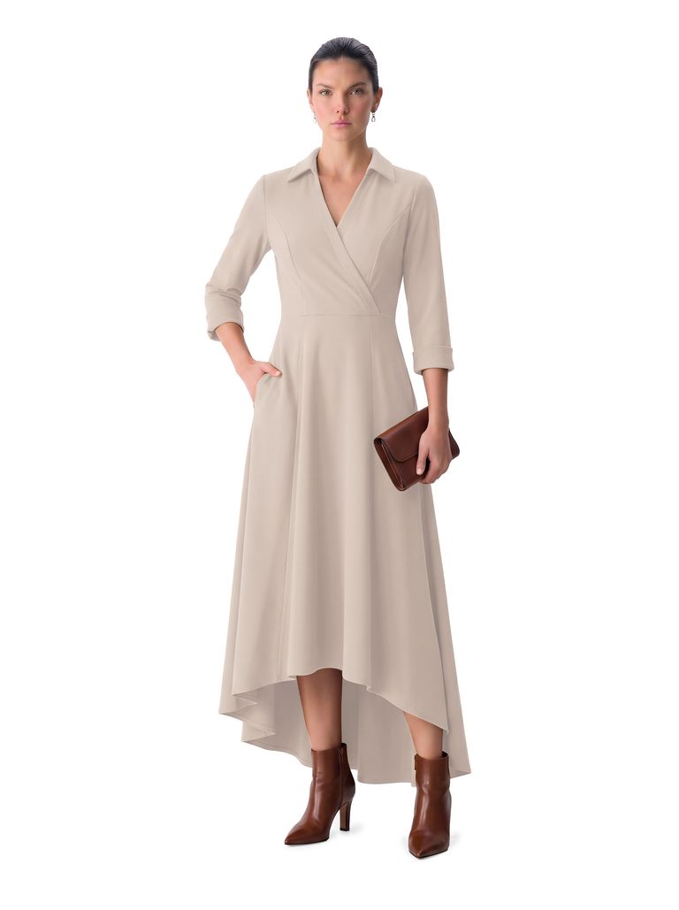 Soft Stone Collared Surplice Hi Low Heavy Stretch Crepe Dress