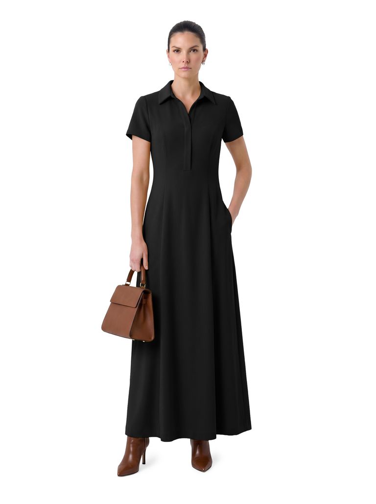 Black Short Sleeve Collared Heavy Stretch Crepe Dress