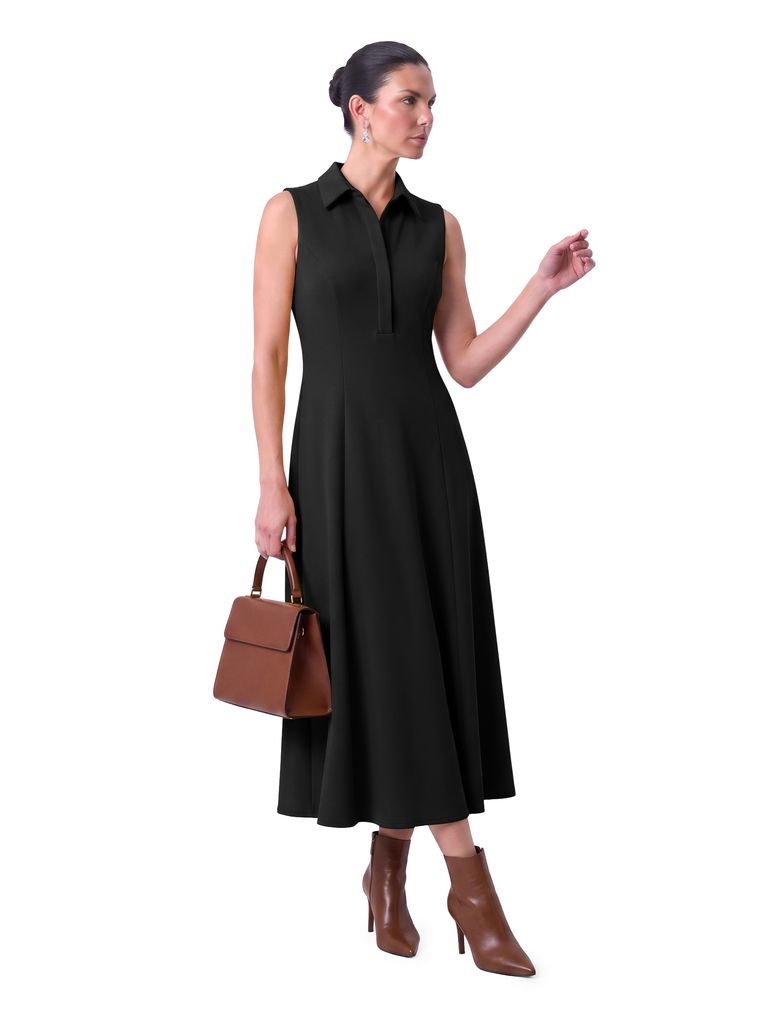 Black Sleeveless Collared Heavy Stretch Crepe Dress