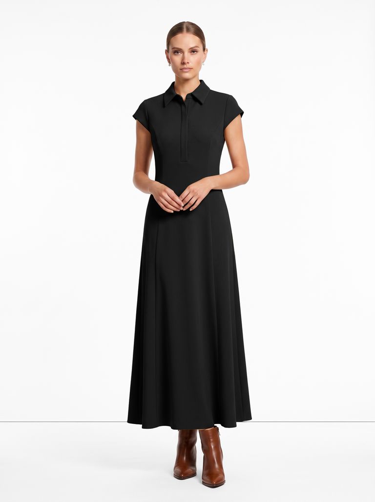 Black Cap Sleeve Collared Heavy Stretch Crepe Dress