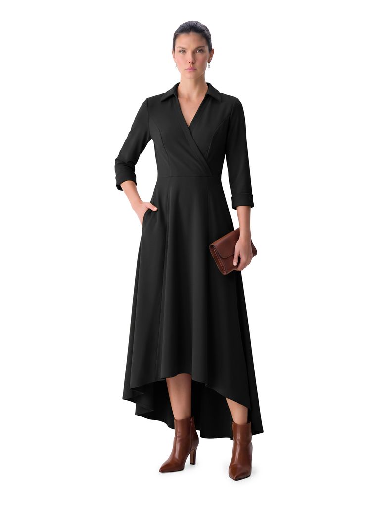 Black Collared Surplice Hi Low Heavy Stretch Crepe Dress