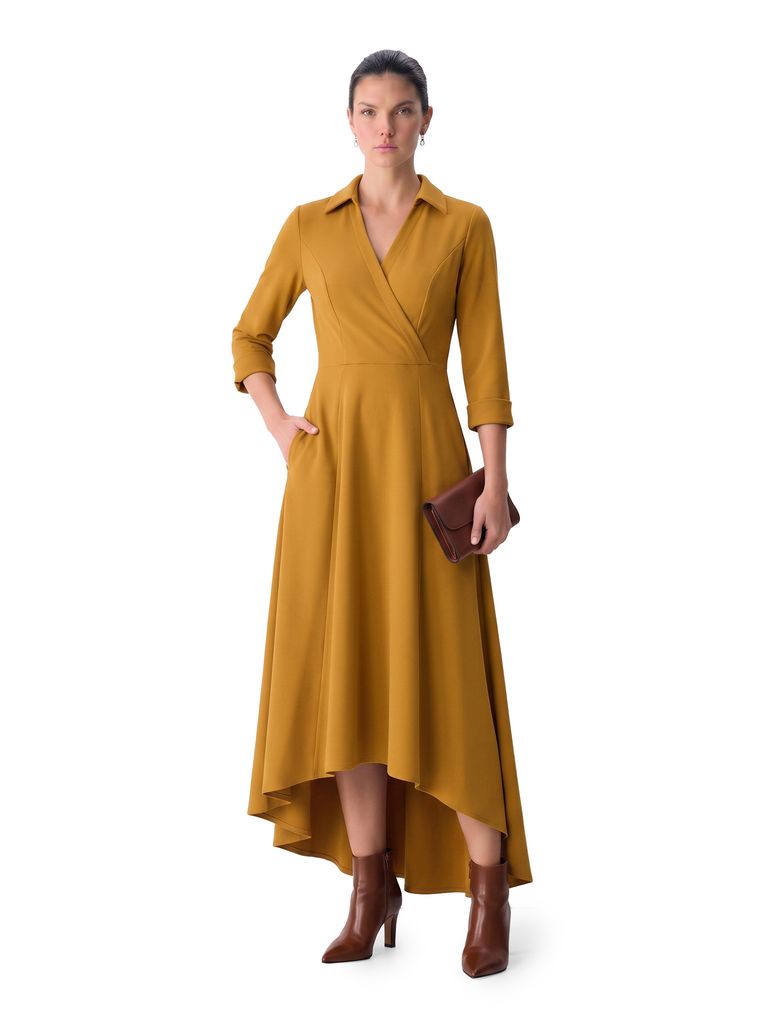 Ochre Collared Surplice Hi Low Heavy Stretch Crepe Dress