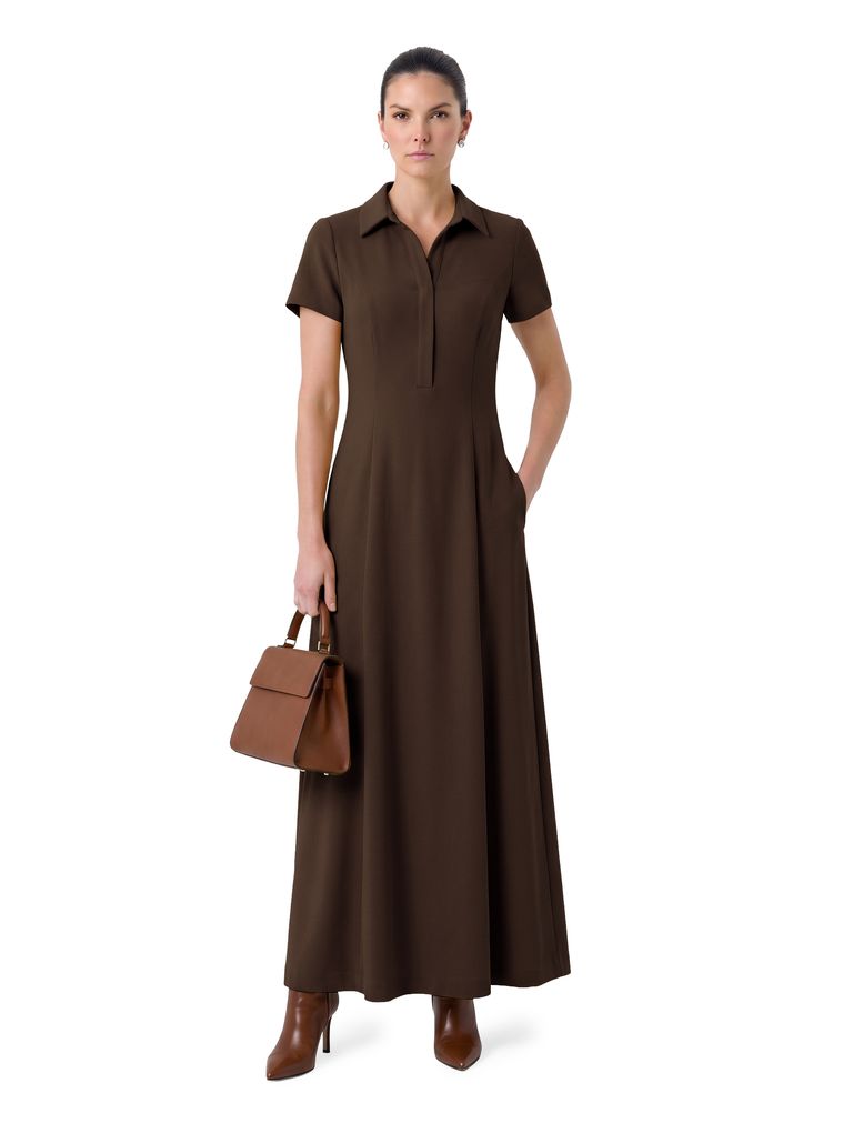 Espresso Brown Short Sleeve Collared Heavy Stretch Crepe Dress