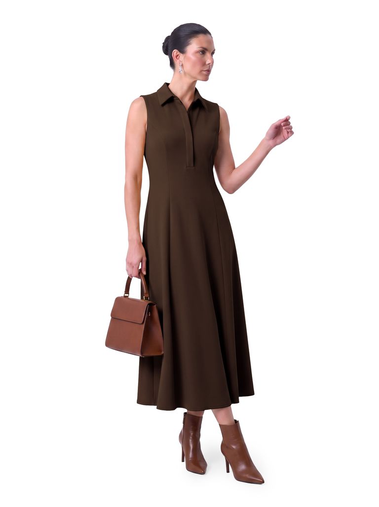 Espresso Brown Sleeveless Collared Heavy Stretch Crepe Dress