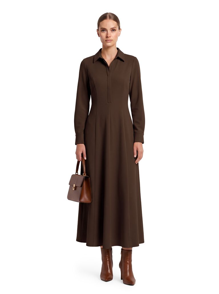Espresso Brown Long Sleeve Collared Heavy Stretch Crepe Dress