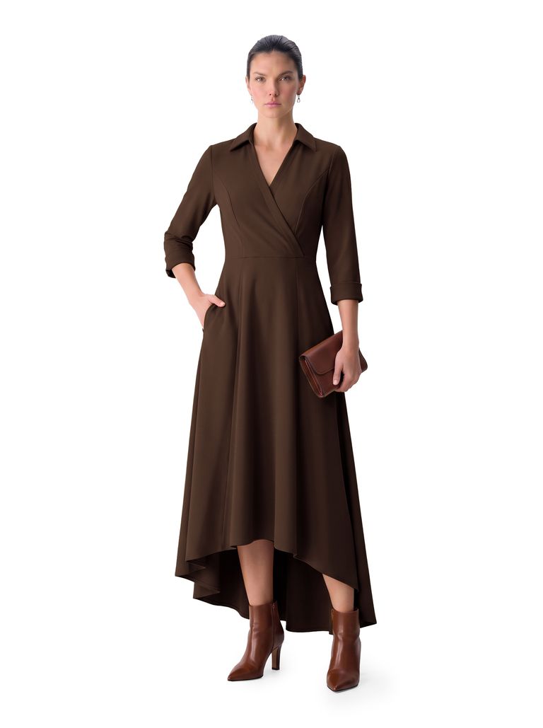 Espresso Brown Collared Surplice Hi Low Heavy Stretch Crepe Dress