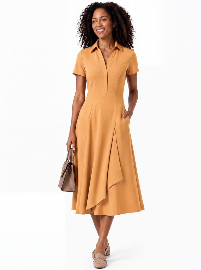 Golden Ochre Asymmetric Drape Heavy Stretch Crepe Shirt Dress