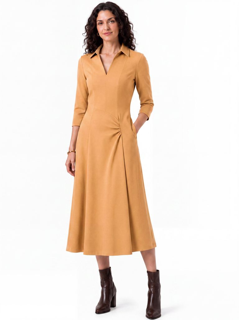Golden Ochre Gathered-Waist Heavy Stretch Crepe Dress