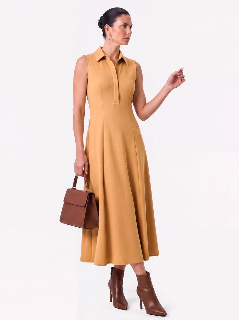 Golden Ochre Sleeveless Collared Heavy Stretch Crepe Dress