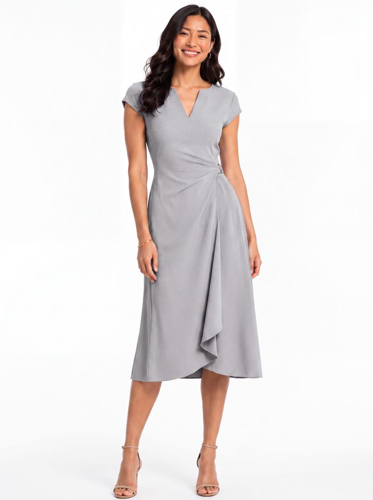 Silver Mist Draped Waist Cascading Front Overlay Crepe Dress