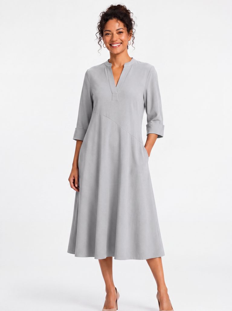 Silver Mist Curved Bias Waist Panel Heavy Stretch Crepe Shift Dress