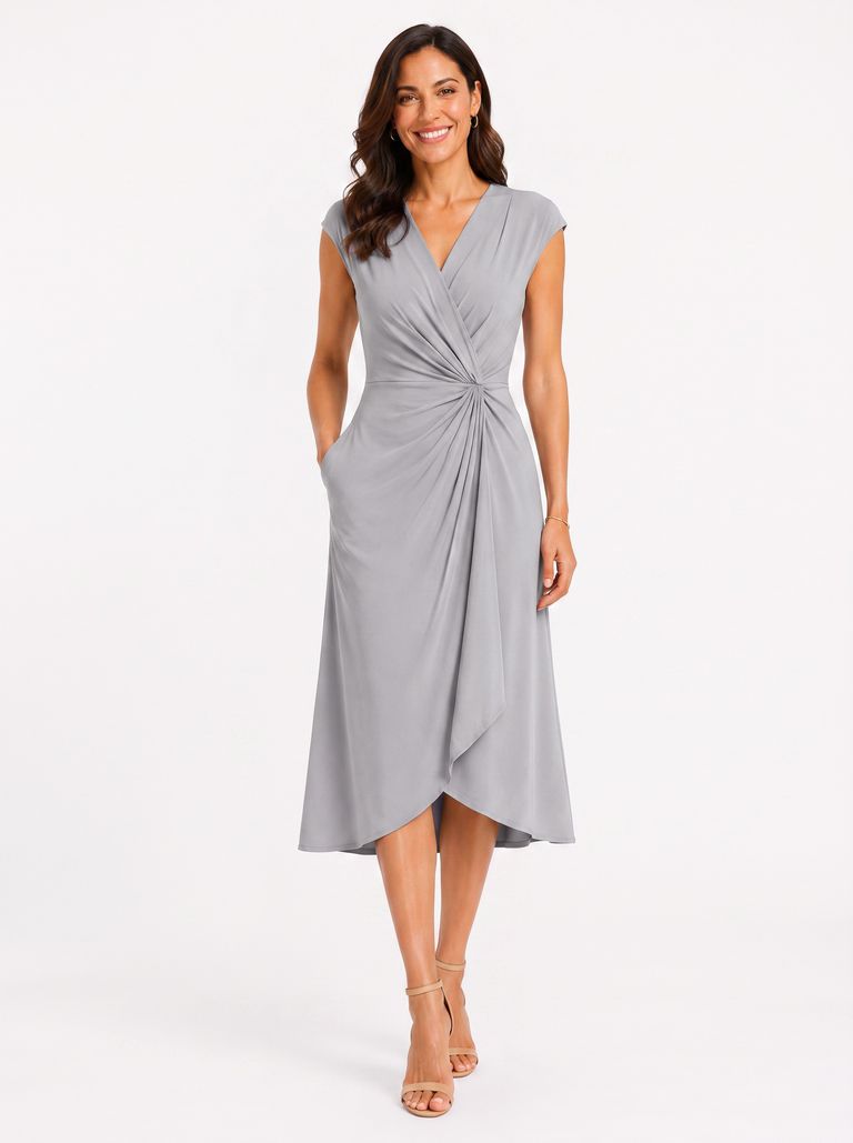 Silver Mist Waist Pleating Cascading Front Drape Wrap Crepe Dress