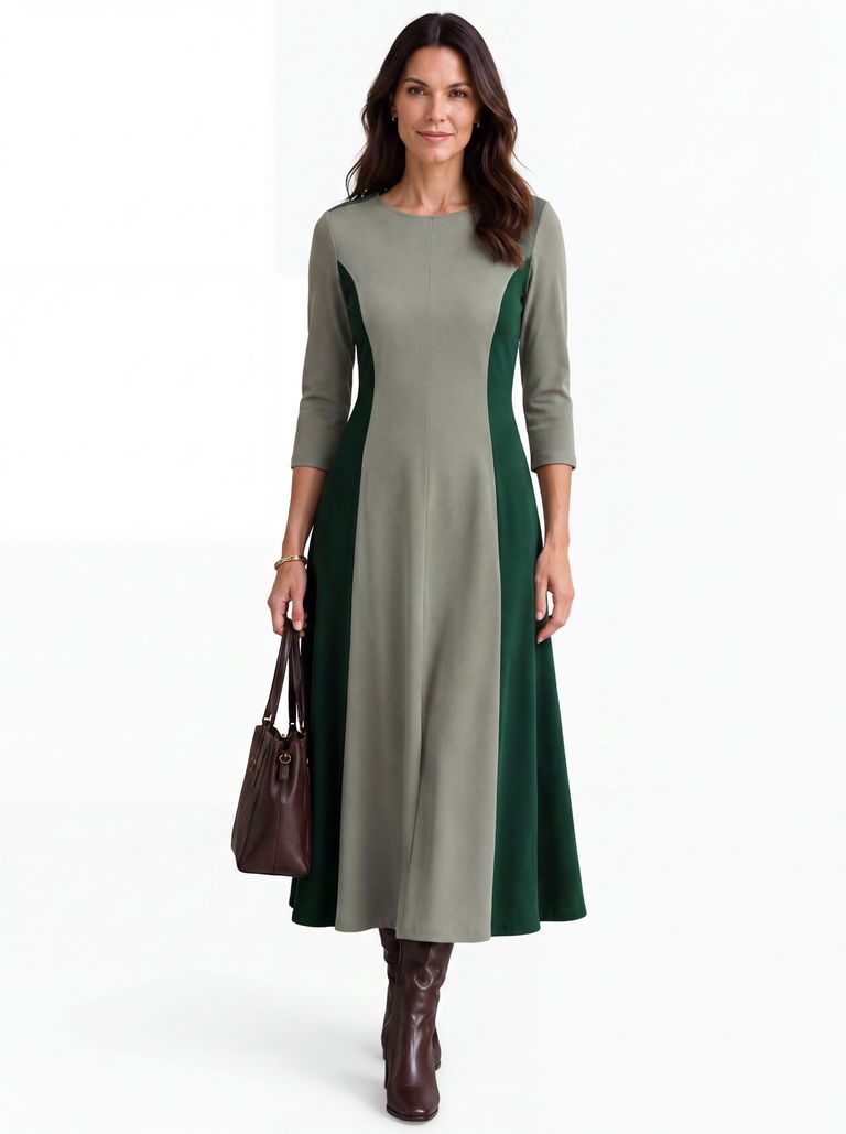 Deep Teal Sage Colourblock Boat Neck Heavy Stretch Crepe Dress