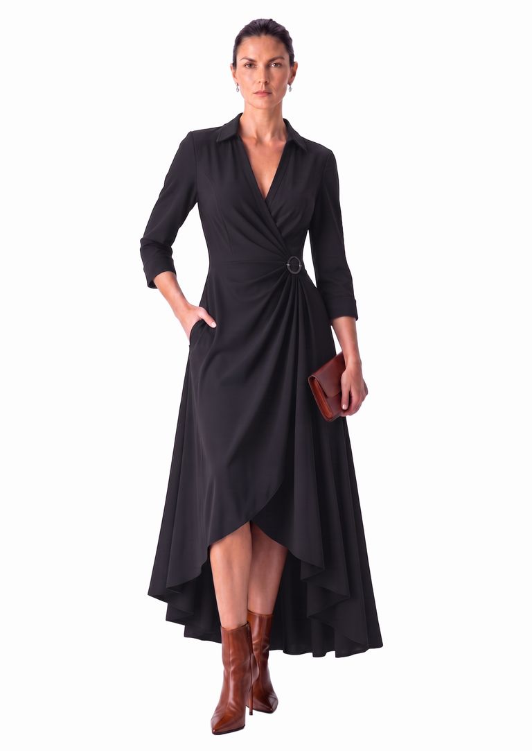 Black Draped Shirt Collar Heavy Crepe Dress