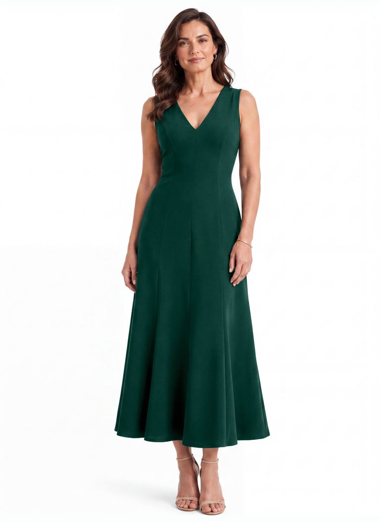 Deep Teal Sleeveless V-Neck Heavy Crepe Dress