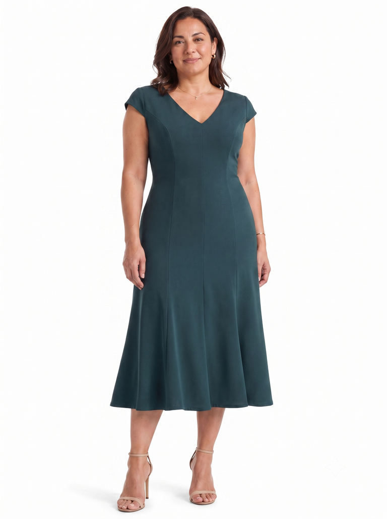 Deep Teal V-Neck Heavy Crepe Dress