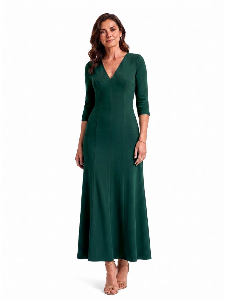 Deep Teal Three Quarter Deep V-Neck Princess Seam Sculpted Heavy Crepe Dress