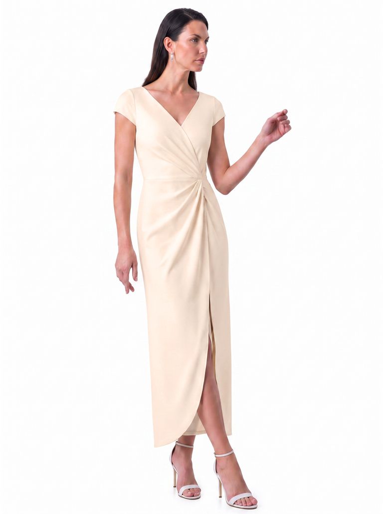 Warm Ivory Wrap Front Gathered Petal Skirt Satin Back Crepe Gown