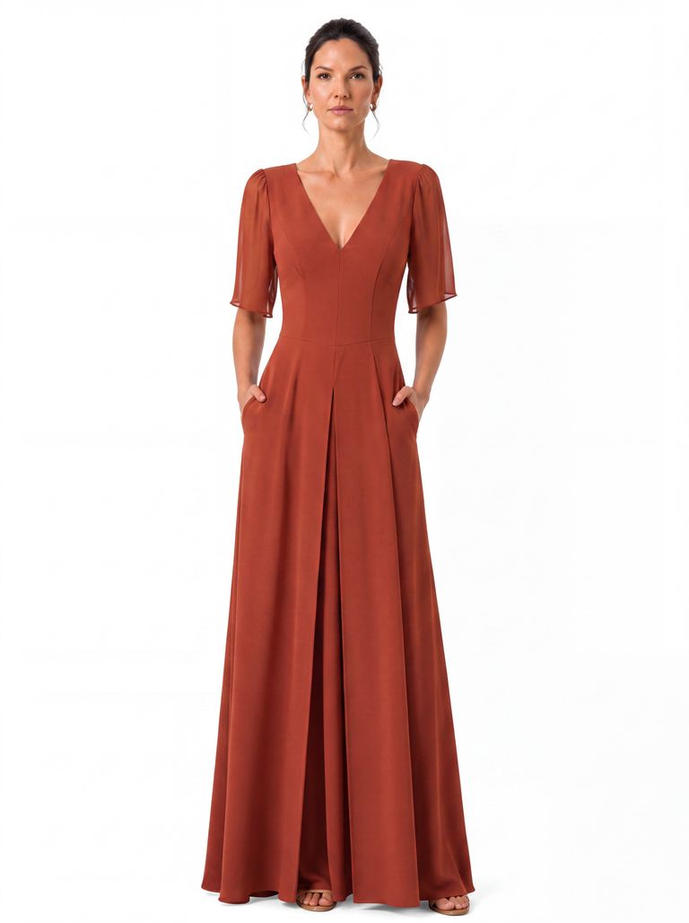 Cinnamon Clay V Neck Inverted Pleat Heavy Crepe Gown