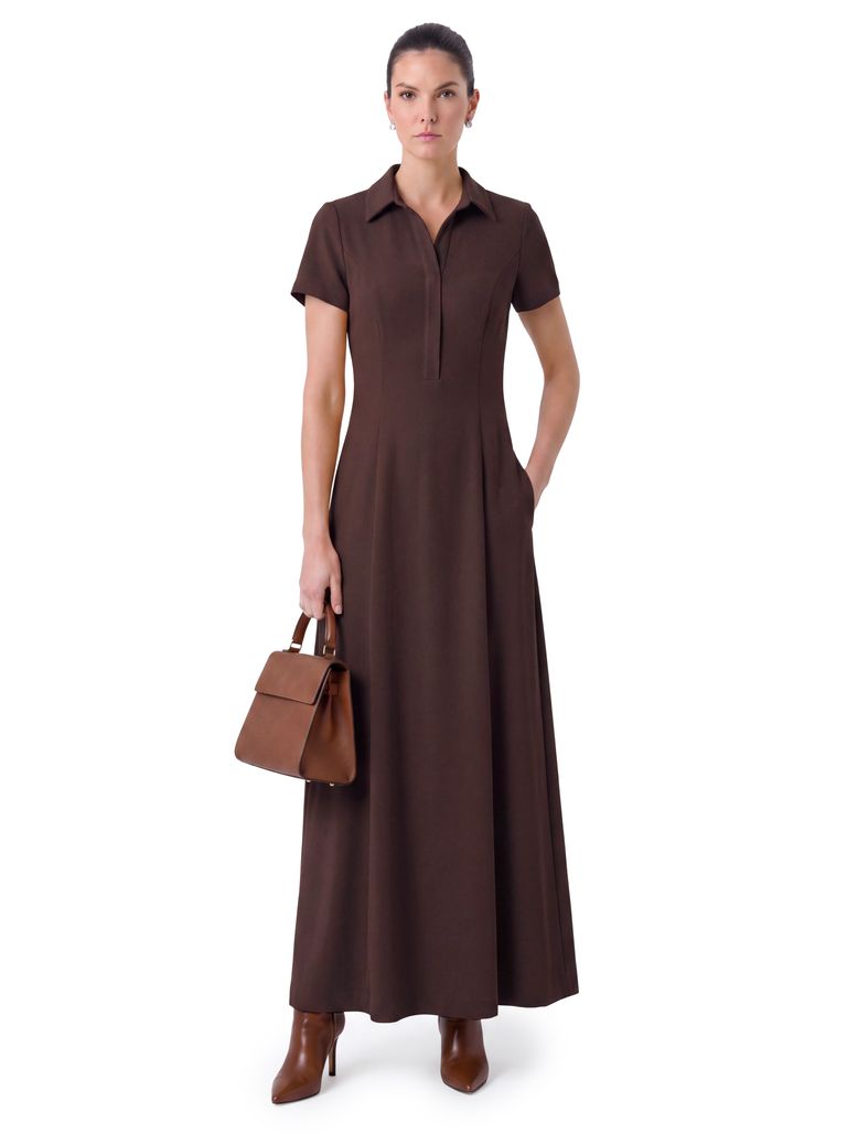 Espresso Brown Short Sleeve Collared Heavy Stretch Crepe Dress