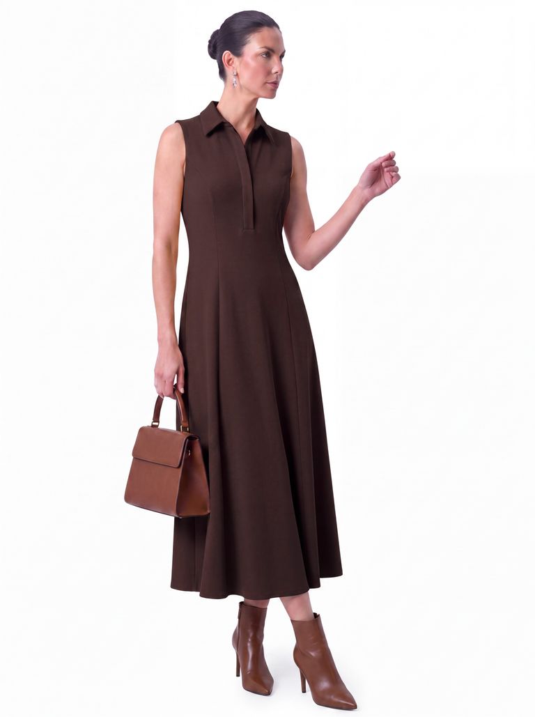 Espresso Brown Sleeveless Collared Heavy Stretch Crepe Dress