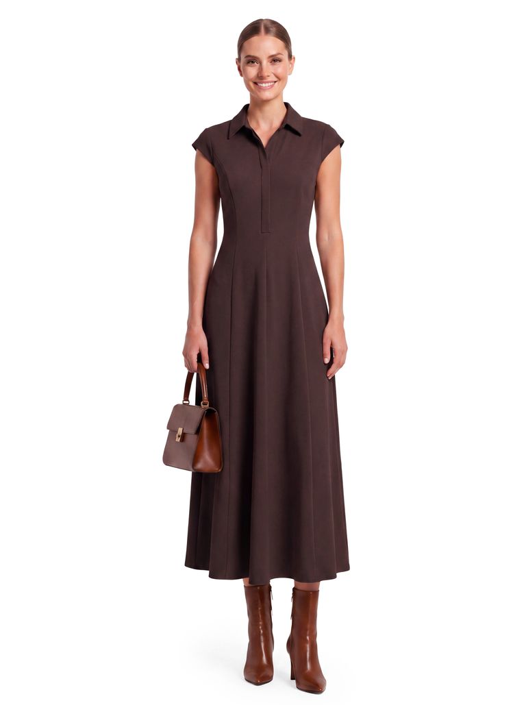 Espresso Brown Inset Collared Heavy Stretch Crepe Dress