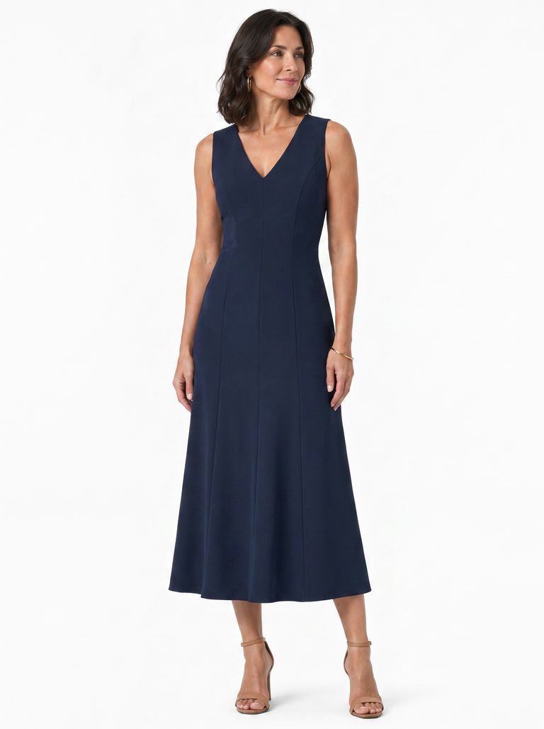 Deep Navy Sleeveless V-Neck Satin Back Crepe Dress