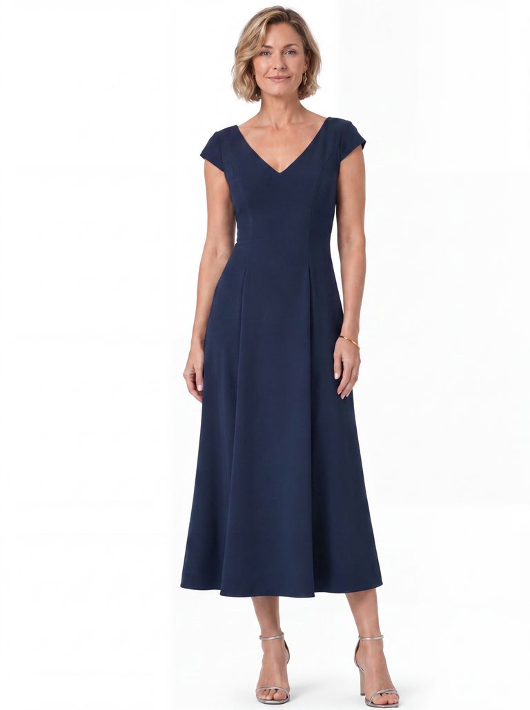 Deep Navy Cap Sleeve Wide V-Neck Satin Back Crepe Dress