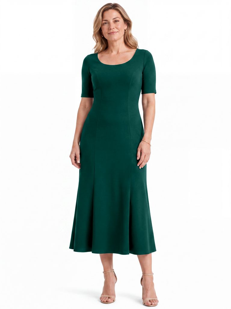 Deep Teal Scoop-Neck Elbow Heavy Crepe Dress