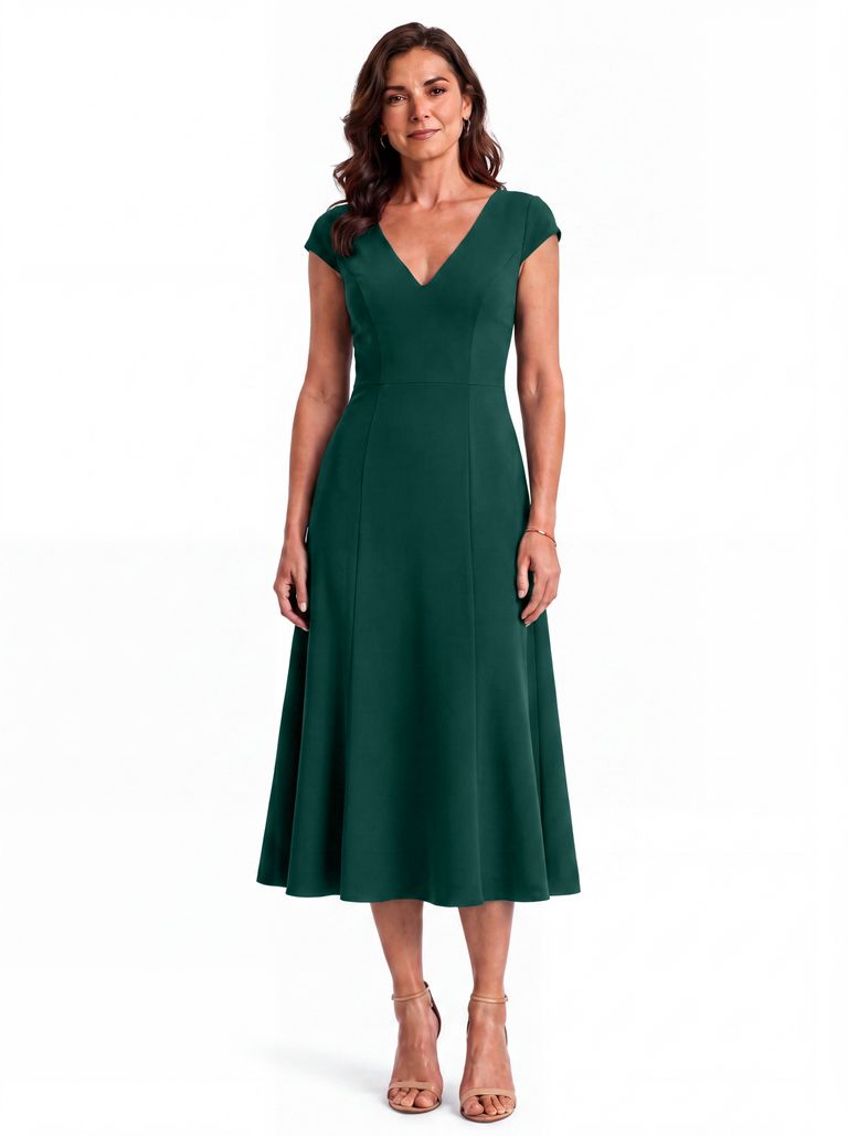 Deep Teal Inset Cap V-Neck Princess Seam Sculpted Heavy Crepe Dress