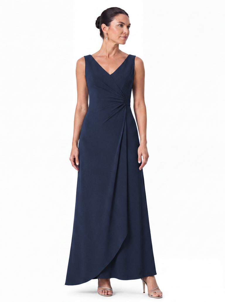Deep Navy Draped Faux Wrap Satin Back Crepe Gown