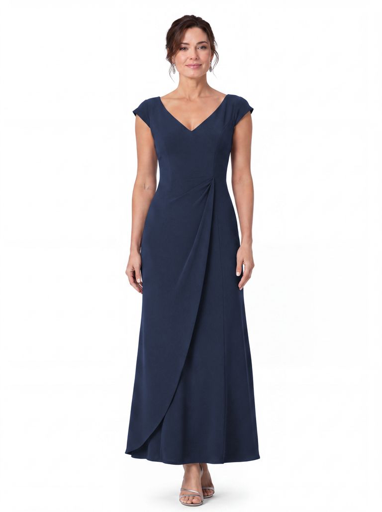 Deep Navy Draped Faux Wrap Gown with Cap Sleeves Satin Back Crepe Dress