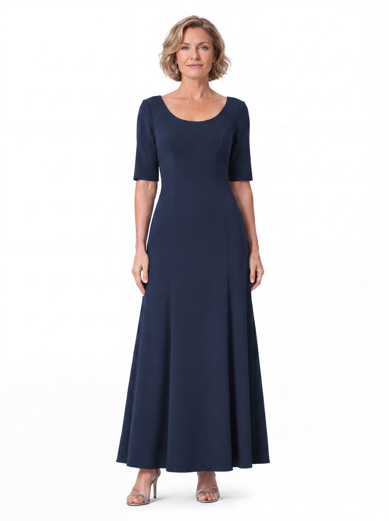 Deep Navy Scoop Neck Elbow sleeve Satin Back Crepe Dress