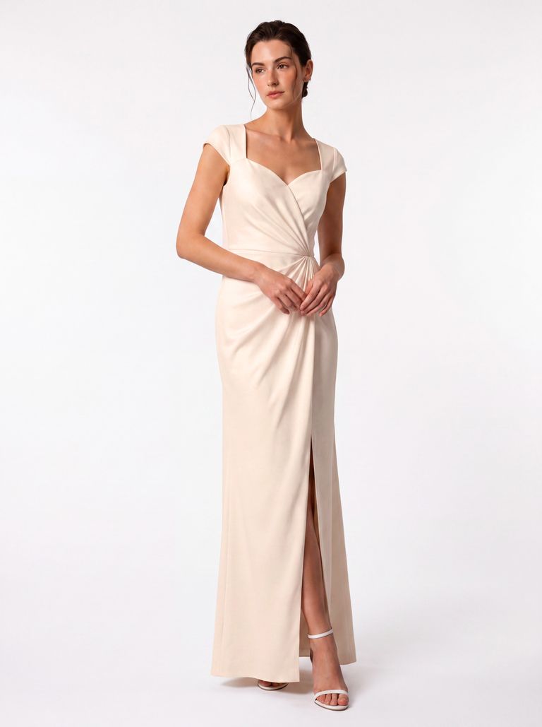Warm Ivory Sweetheart Wrap Satin Back Crepe Gown