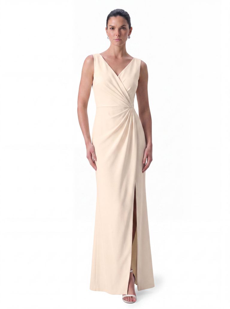 Warm Ivory Wrap Front Satin Back Crepe Gown