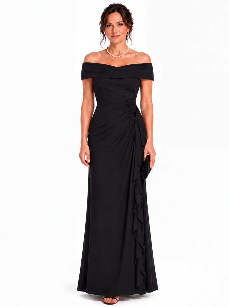 Black Off-Shoulder Drape Heavy Crepe Gown