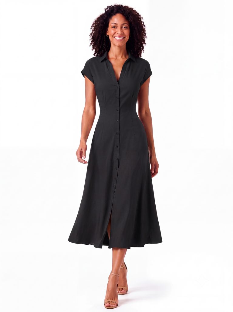Black Cap-Sleeve Flared Poplin Midi Shirt Dress