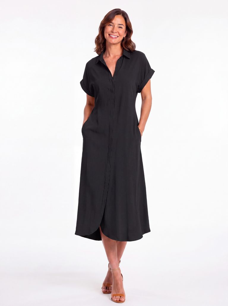 Black Relaxed Shirt-Collar Poplin Midi Dress