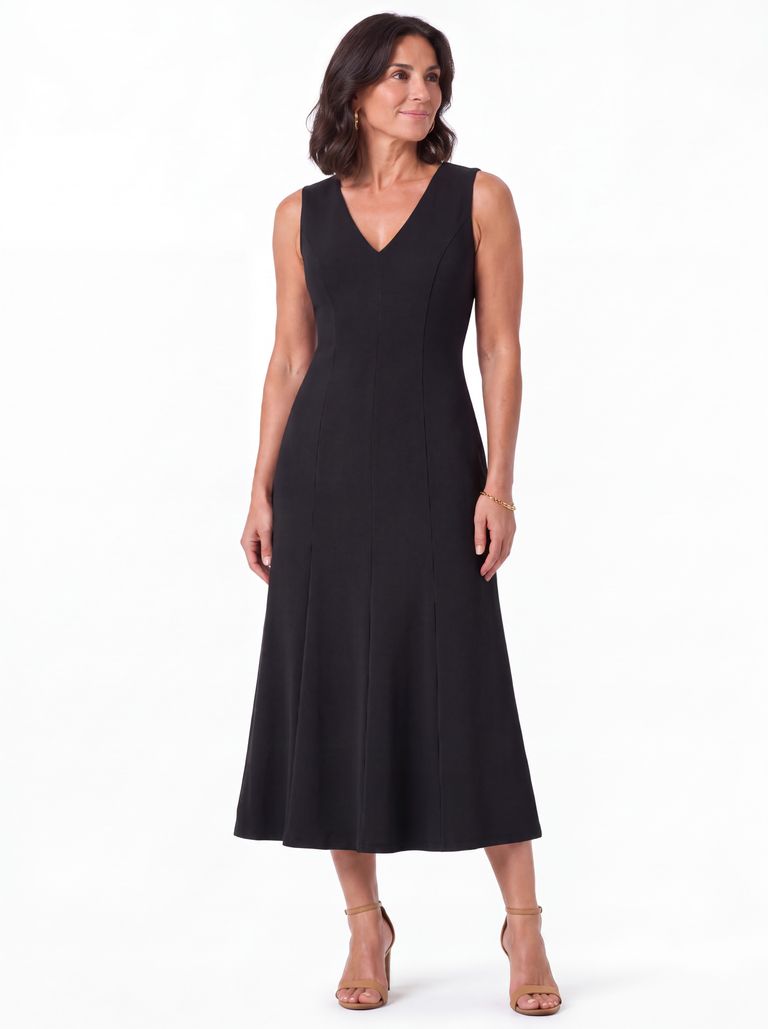 Black Sleeveless V-Neck A-Line Cotton Jersey Midi Dress