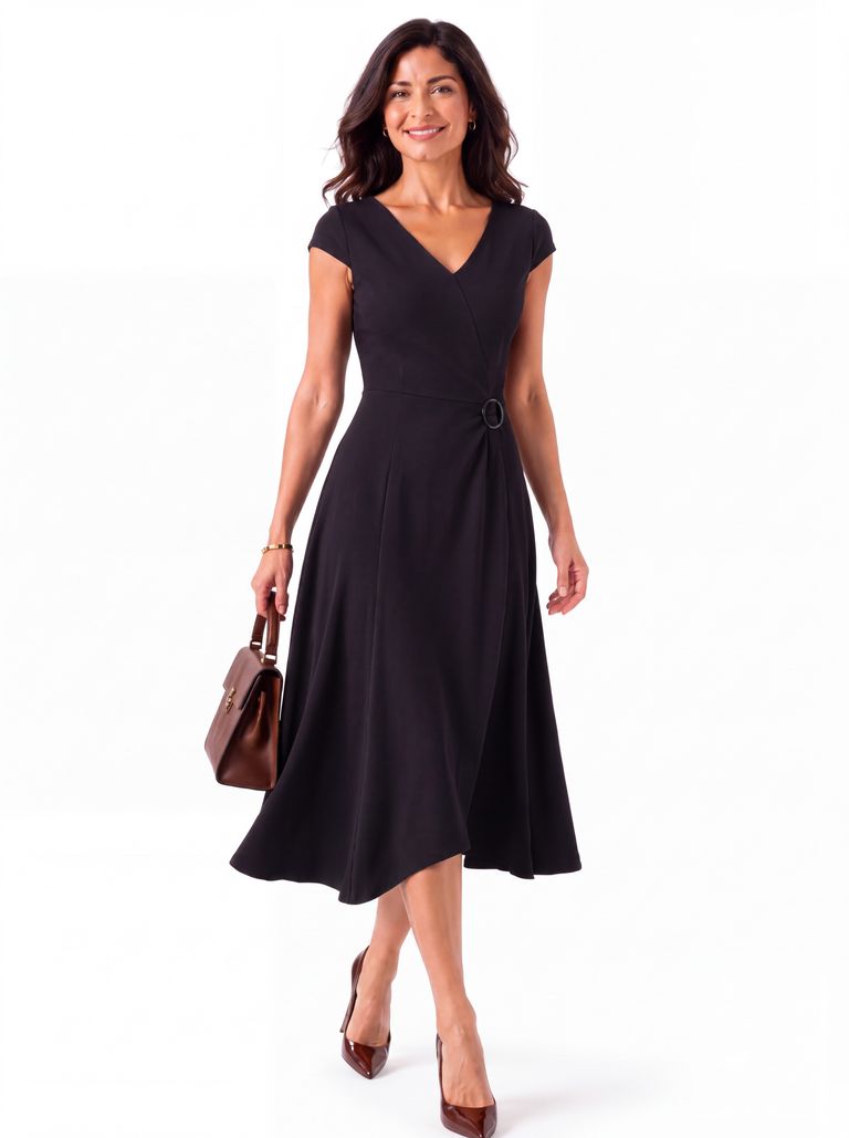 Black Waist-Tie A-Line Cotton Jersey Midi Dress
