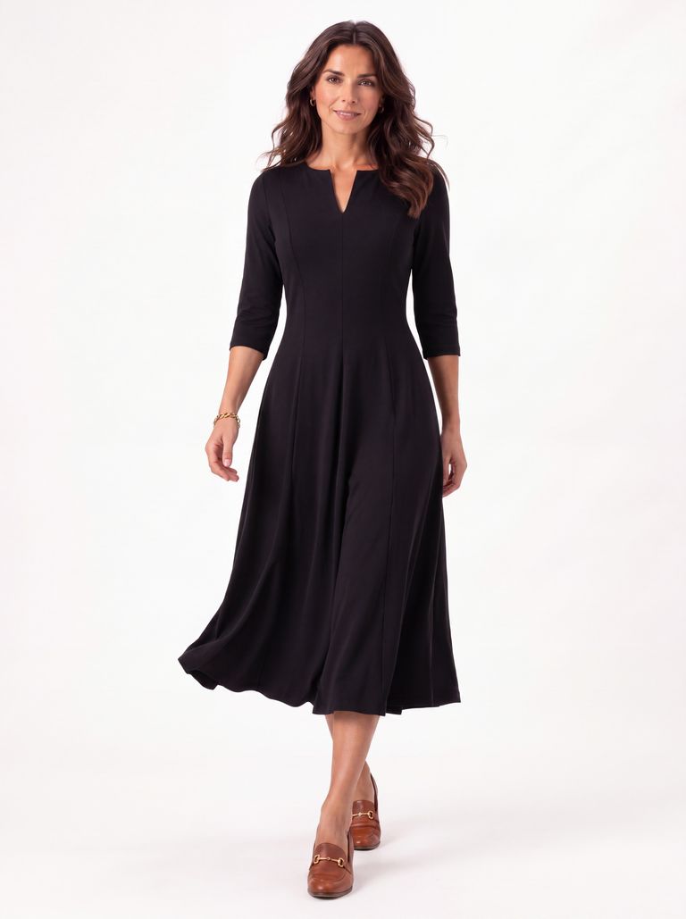 Black Notch-Neck Flared Cotton Jersey Midi Dress