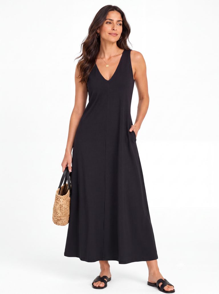 Black Sleeveless V-Neck A-Line Cotton Jersey Maxi Dress