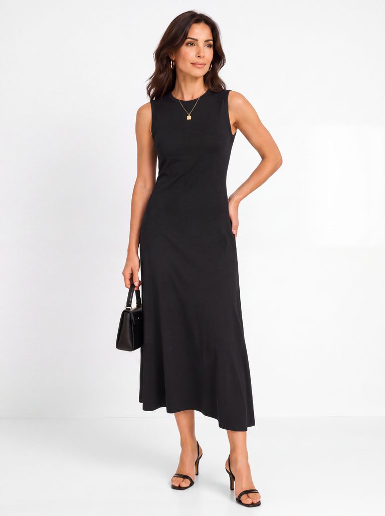 Black Asymmetric A-Line Cotton Jersey Midi Dress