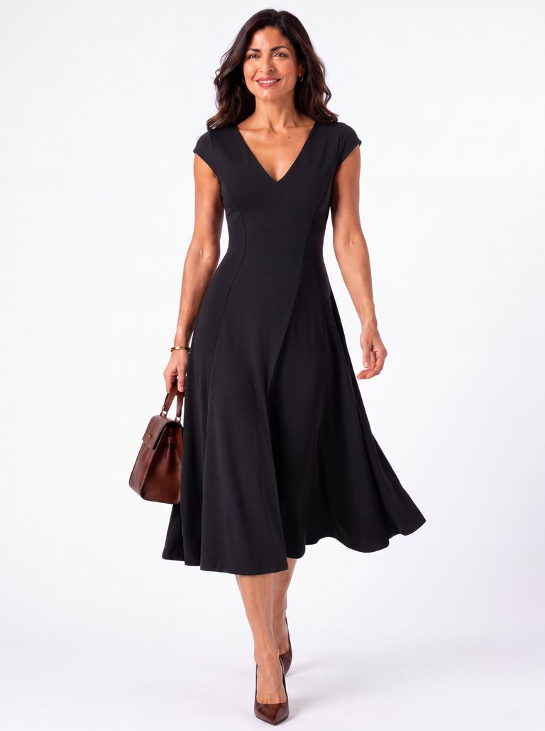 Black V-Neck Flared Cotton Jersey Midi Dress