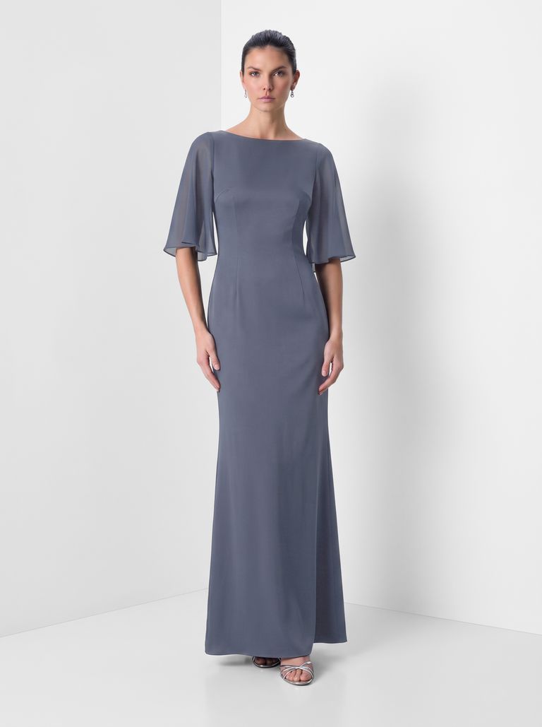 Matte Satin Crepe Flutter Sleeve Gown Navy