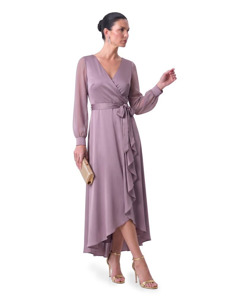 Dusty Orchid Wrap Front Cascade Matte Satin Dress