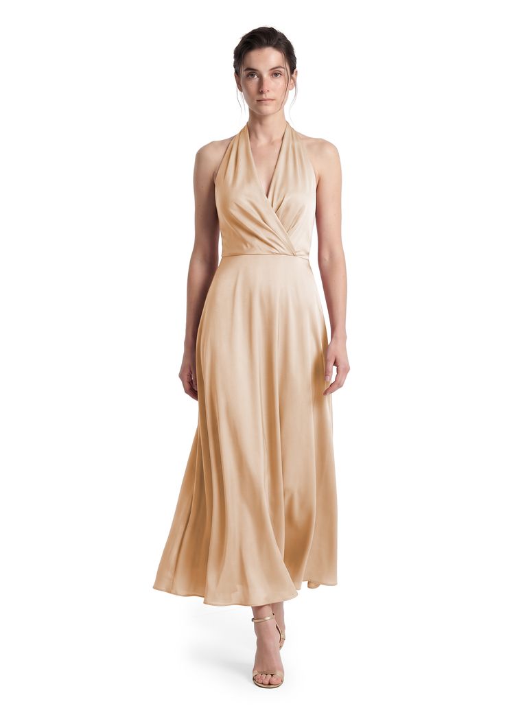 Warm Sand Halter Wrap Crepe Satin Gown