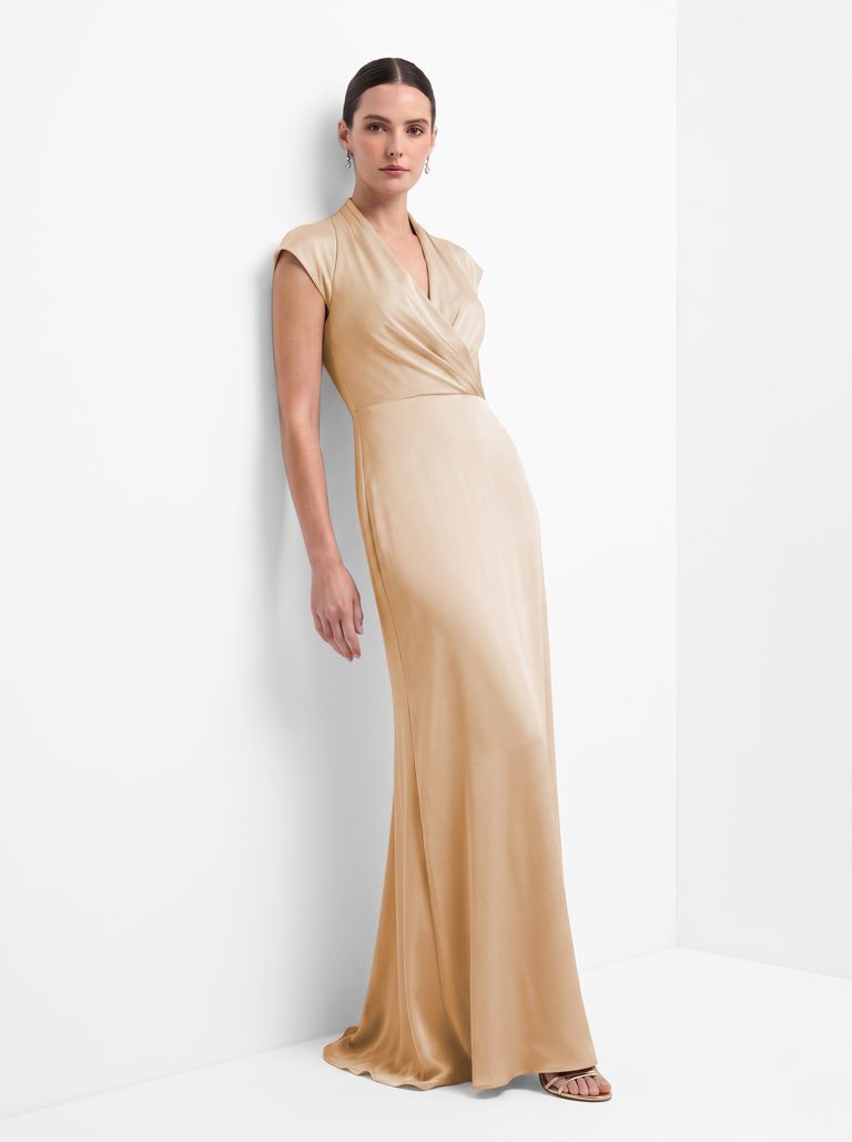 Champagne V neck Wrap Crepe Satin Gown